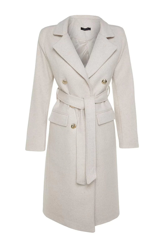 Women Fashion Stylish Fitted Jacket Collar Long Plain Lined Fitted Belted Gold Buttoned Long Wool Cashmere Coat