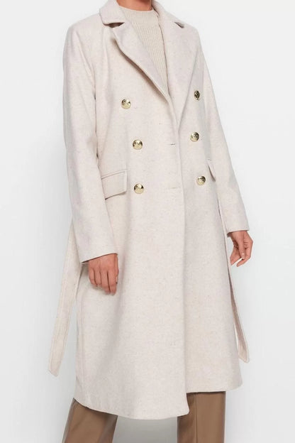 Women Fashion Stylish Fitted Jacket Collar Long Plain Lined Fitted Belted Gold Buttoned Long Wool Cashmere Coat