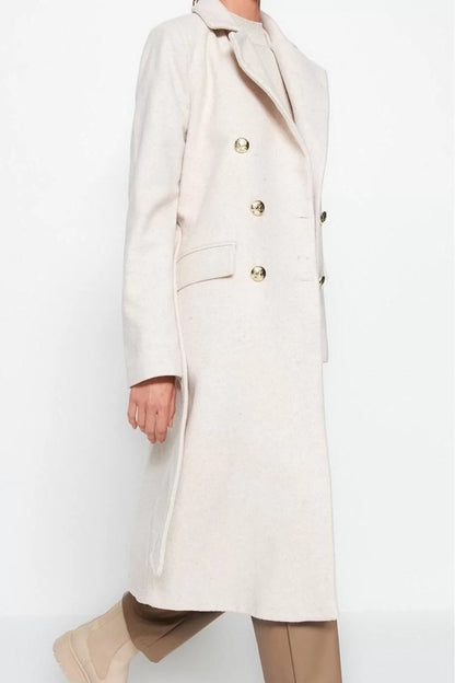 Women Fashion Stylish Fitted Jacket Collar Long Plain Lined Fitted Belted Gold Buttoned Long Wool Cashmere Coat