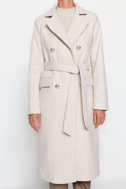 Women Fashion Stylish Fitted Jacket Collar Long Plain Lined Fitted Belted Gold Buttoned Long Wool Cashmere Coat