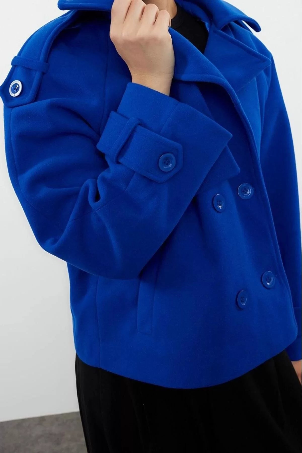 Women Fashion Stylish Regular Jacket Collar Short Plain Lined Wide Cut Crop Cashmere Coat