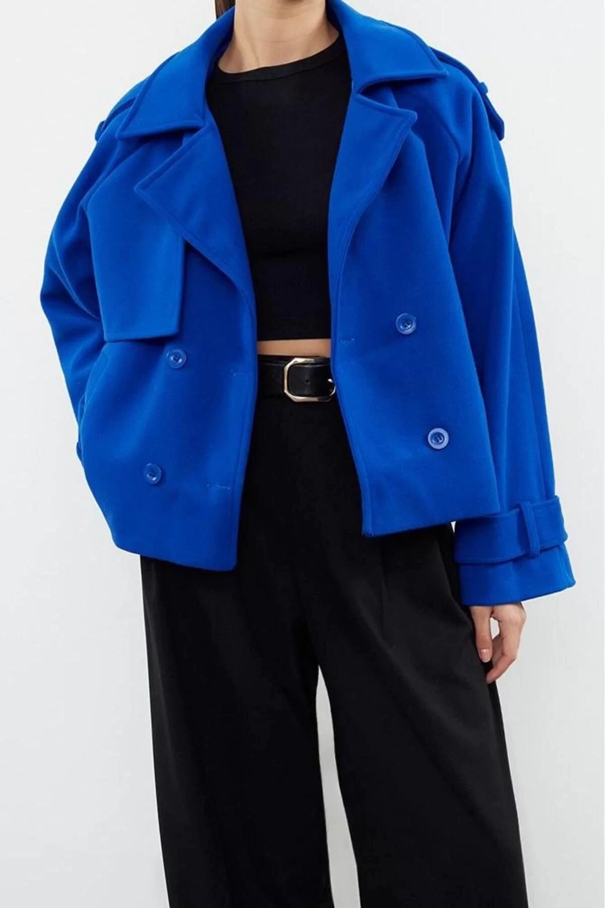 Women Fashion Stylish Regular Jacket Collar Short Plain Lined Wide Cut Crop Cashmere Coat