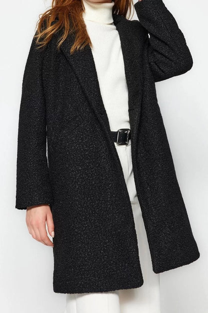 Women Fashion Stylish Regular Jacket Collar Midi Plain Lined Midi Boucle Coat