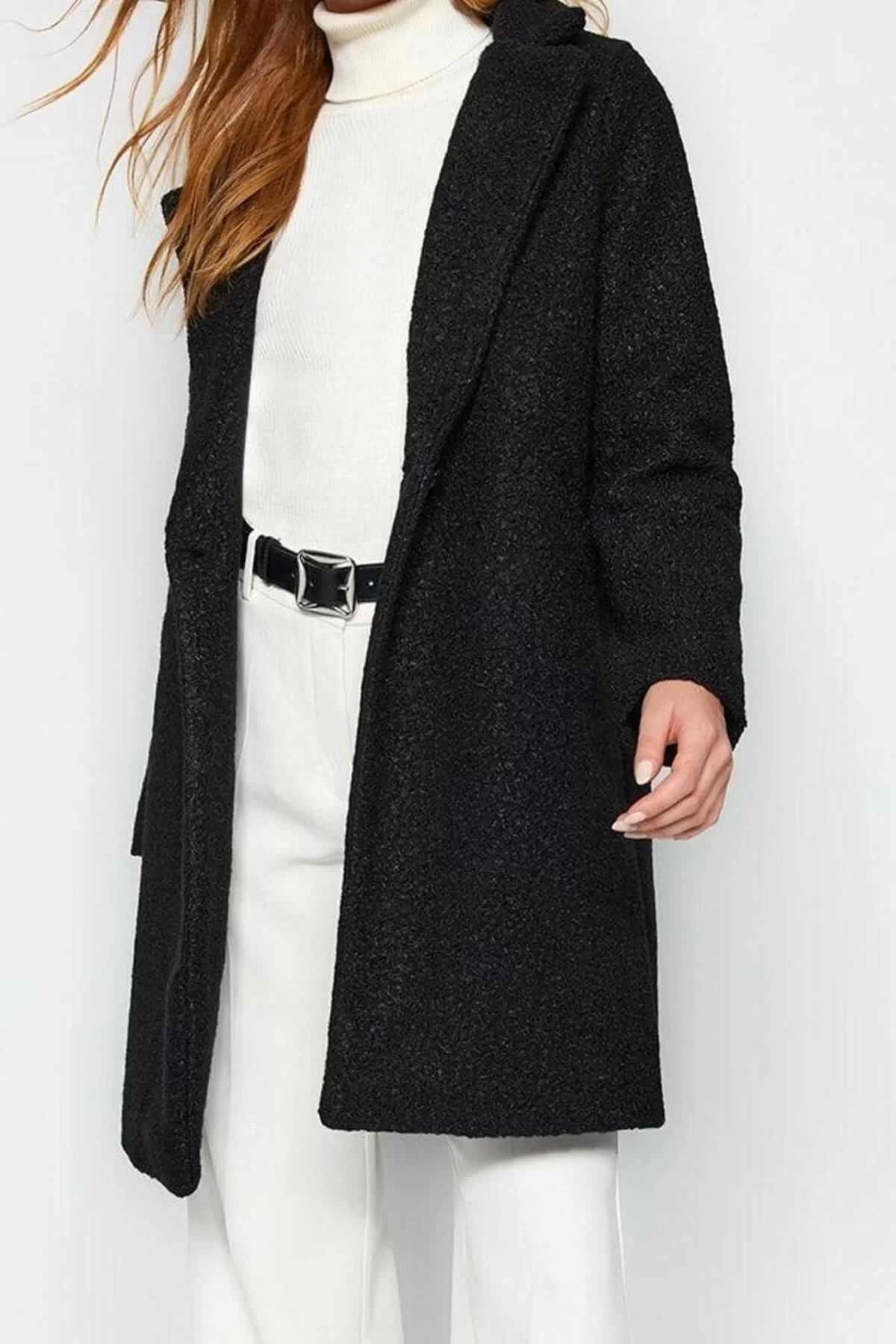 Women Fashion Stylish Regular Jacket Collar Midi Plain Lined Midi Boucle Coat