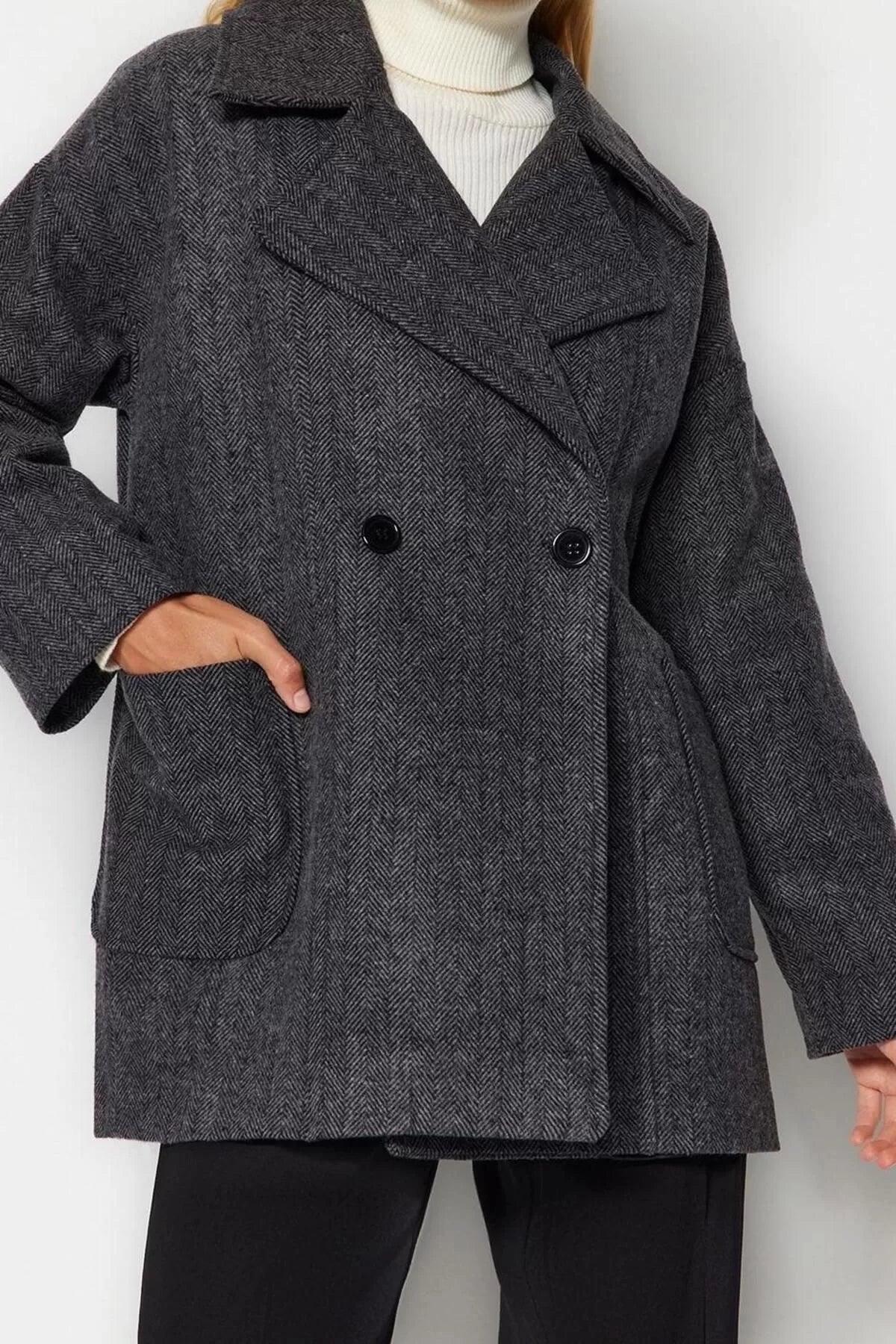 Women's Fashion Stylish Loose Jacket Collar Midi Herringbone Lined Oversize Wide Cut Cashmere Coat