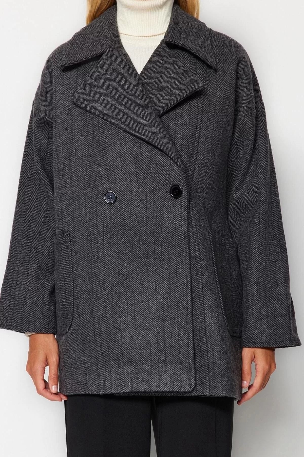 Women's Fashion Stylish Loose Jacket Collar Midi Herringbone Lined Oversize Wide Cut Cashmere Coat