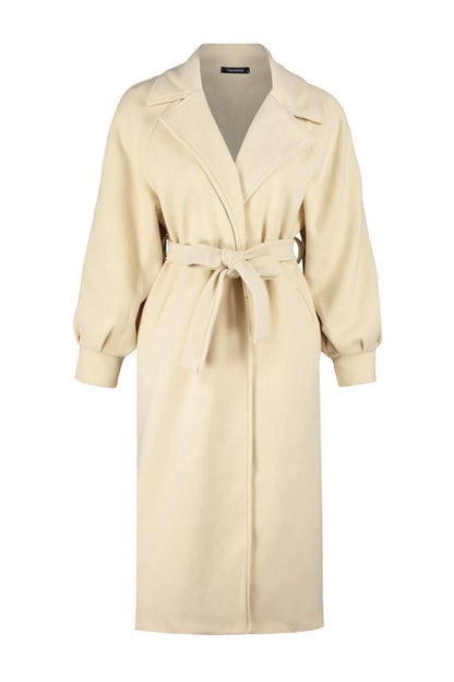 Women's Fashion Stylish Oversize Jacket Collar Long Plain Lined Wide Cut Belted Balloon Sleeve Detail Cashmere Coat