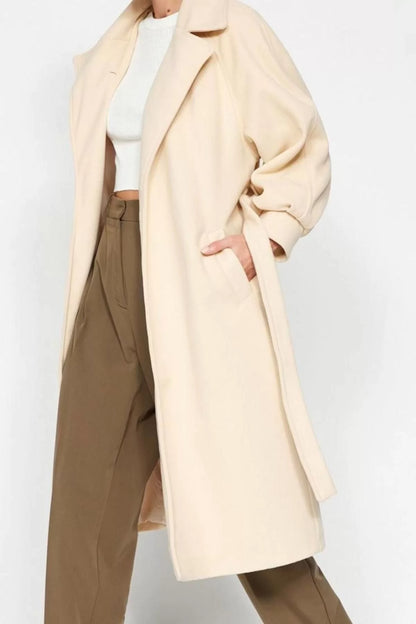 Women's Fashion Stylish Oversize Jacket Collar Long Plain Lined Wide Cut Belted Balloon Sleeve Detail Cashmere Coat