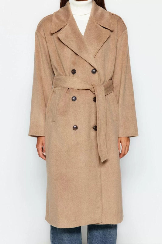 Women's Fashion Stylish Loose Jacket Collar Long Plain Lined Oversize Wide Cut Belted Coat