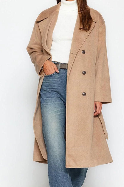 Women's Fashion Stylish Loose Jacket Collar Long Plain Lined Oversize Wide Cut Belted Coat