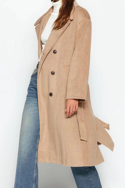 Women's Fashion Stylish Loose Jacket Collar Long Plain Lined Oversize Wide Cut Belted Coat