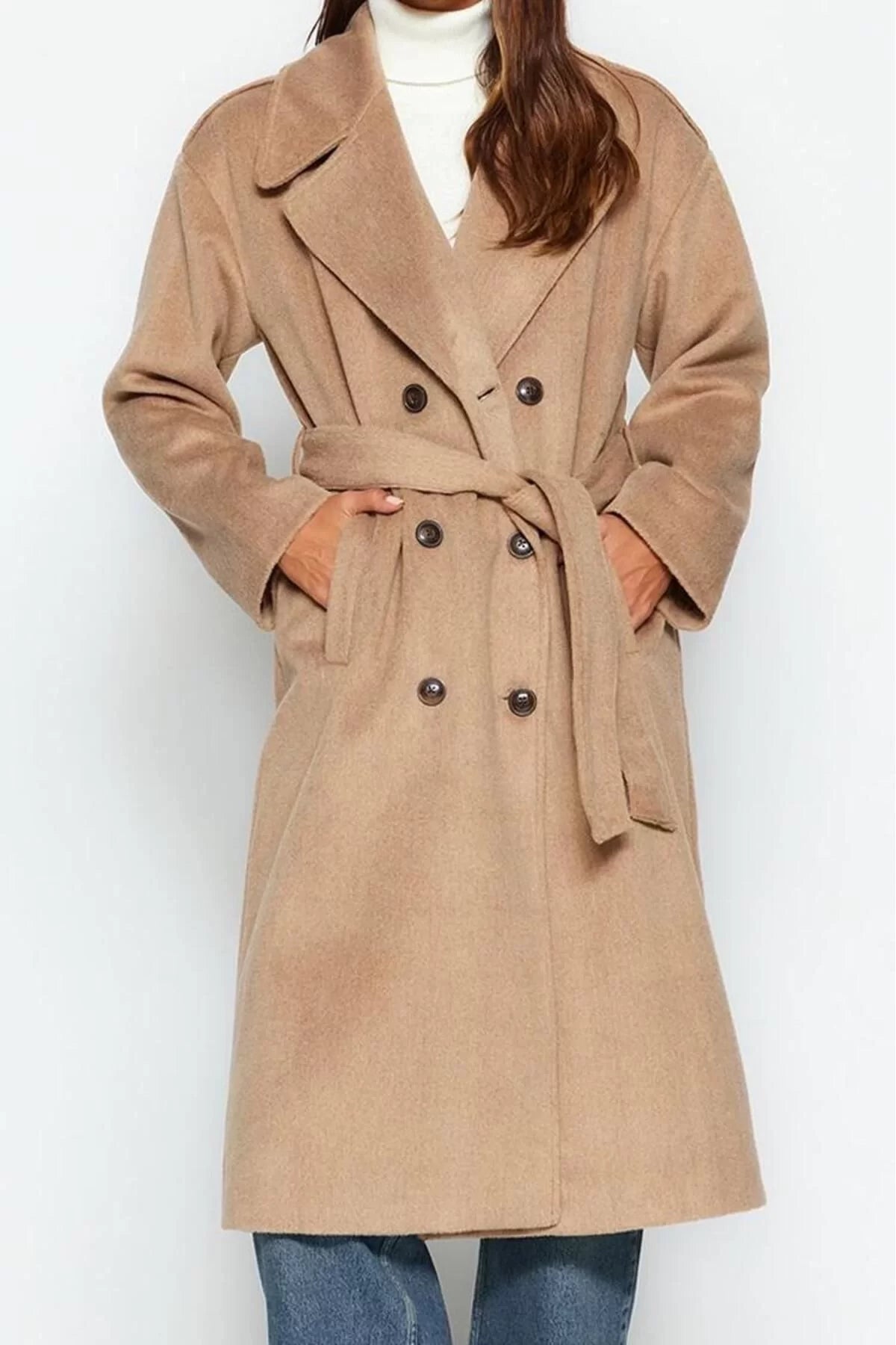 Women's Fashion Stylish Loose Jacket Collar Long Plain Lined Oversize Wide Cut Belted Coat