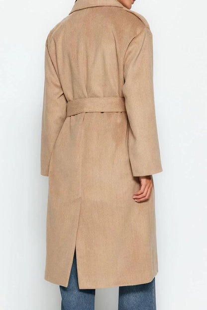 Women's Fashion Stylish Loose Jacket Collar Long Plain Lined Oversize Wide Cut Belted Coat