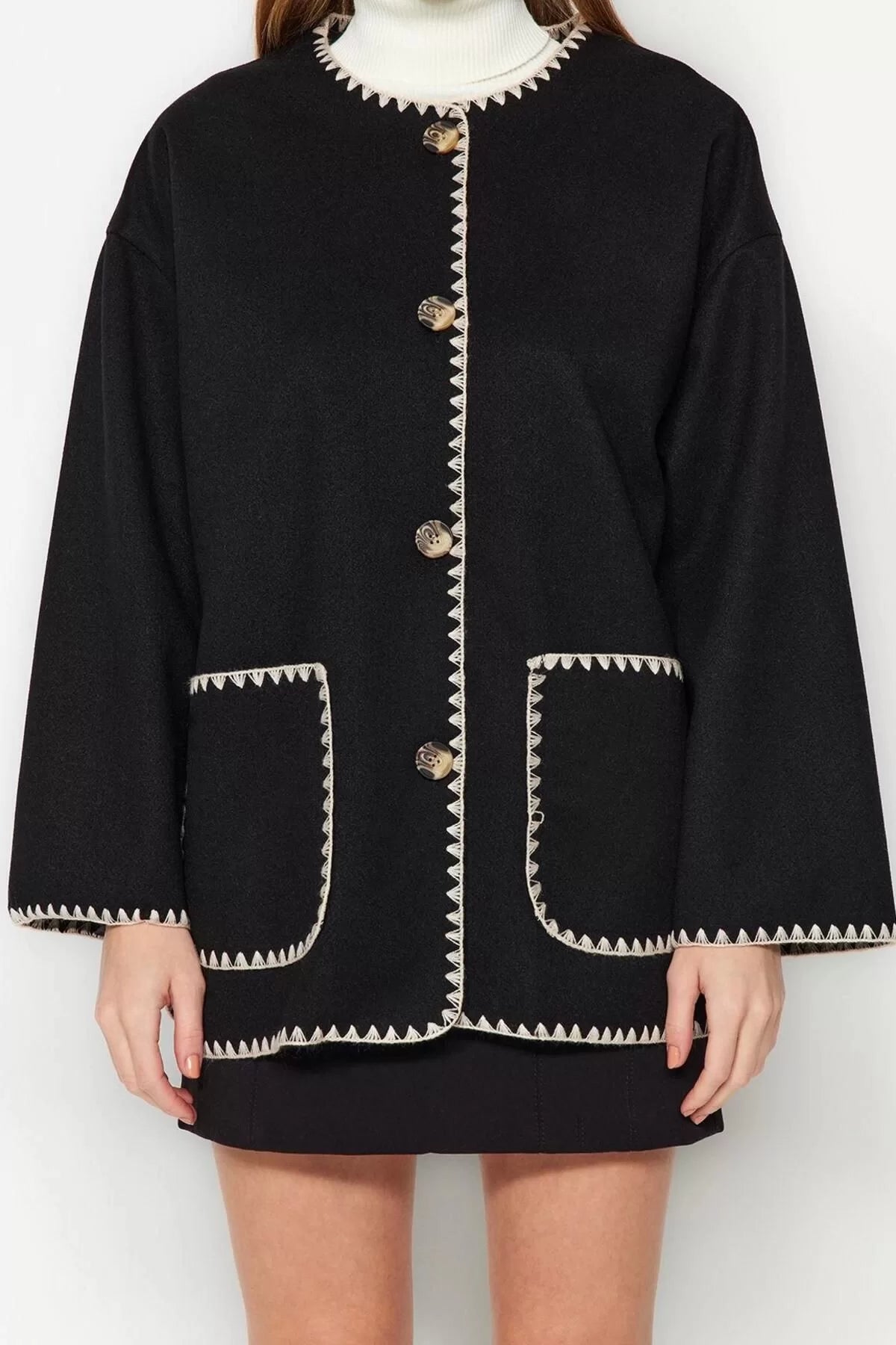 Women's Fashion Stylish Regular Crew Neck Standard Embroidered Unlined Embroidered Detailed Coat