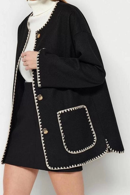 Women's Fashion Stylish Regular Crew Neck Standard Embroidered Unlined Embroidered Detailed Coat