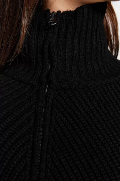 Women's Fashion Stylish Stand Collar Standard Sleeve Regular Zipper Detailed Knitwear Sweater