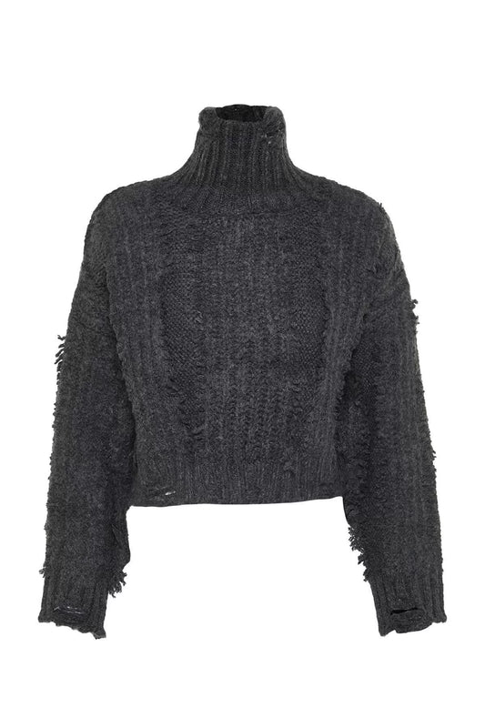 Women Fashion Stylish Turtleneck Low Sleeve Crop Soft Textured Knitwear Sweater