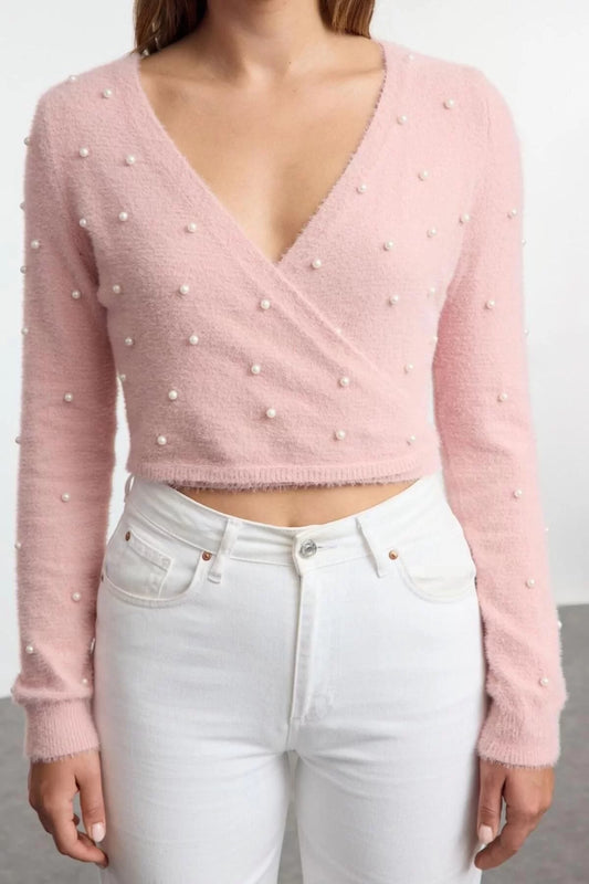 Women Fashion Stylish Double Breasted Standard Sleeve Crop Super Hairy Pearl Detailed Knitwear Sweater