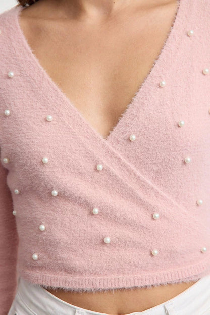 Women Fashion Stylish Double Breasted Standard Sleeve Crop Super Hairy Pearl Detailed Knitwear Sweater