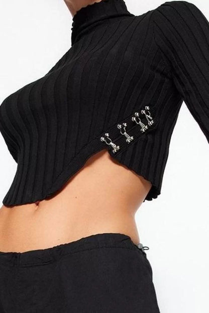 Women Fashion Stylish Stand Collar Standard Sleeve Crop Super Knitwear Sweater