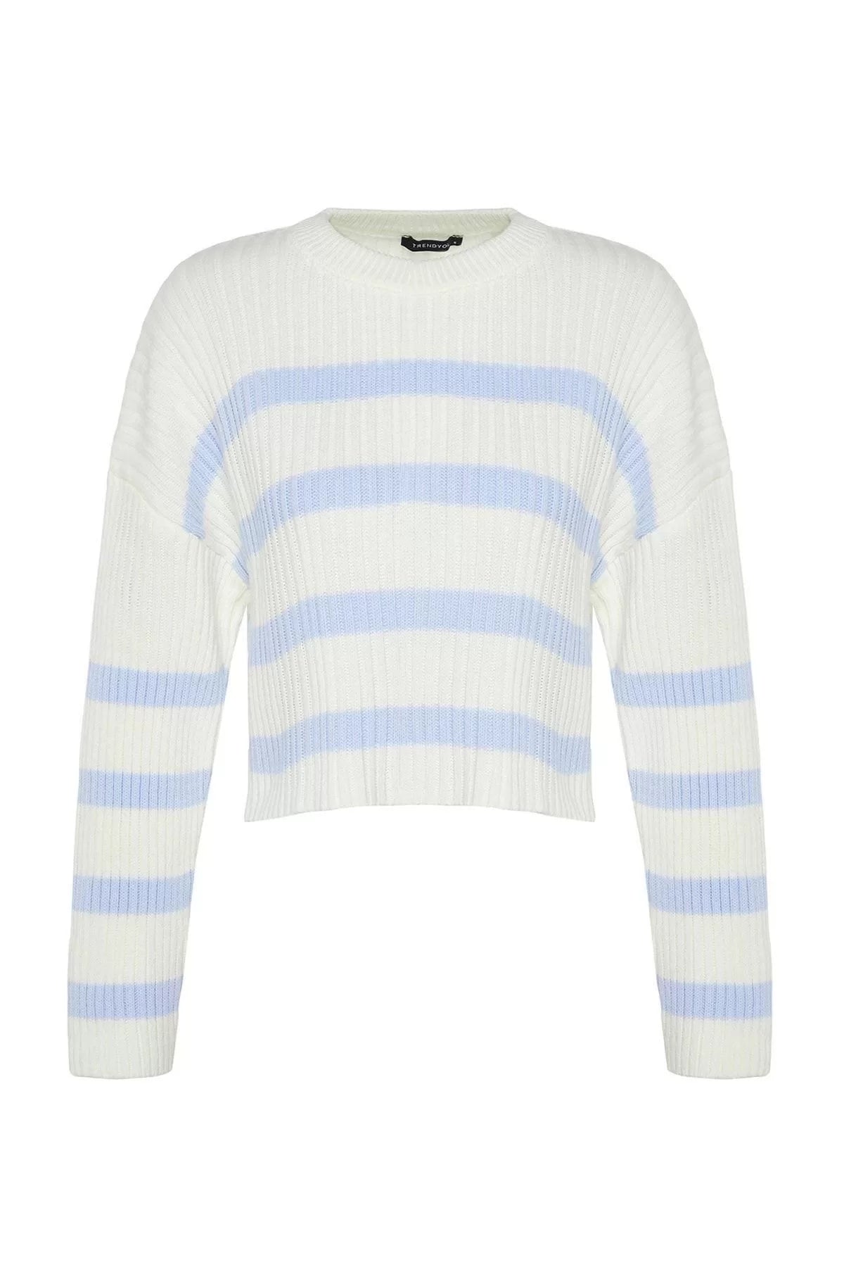 Women Fashion Stylish Crew Neck Regular Sleeve Crop Striped Knitwear Sweater