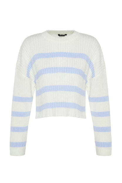 Women Fashion Stylish Crew Neck Regular Sleeve Crop Striped Knitwear Sweater