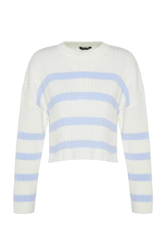 Women Fashion Stylish Crew Neck Regular Sleeve Crop Striped Knitwear Sweater