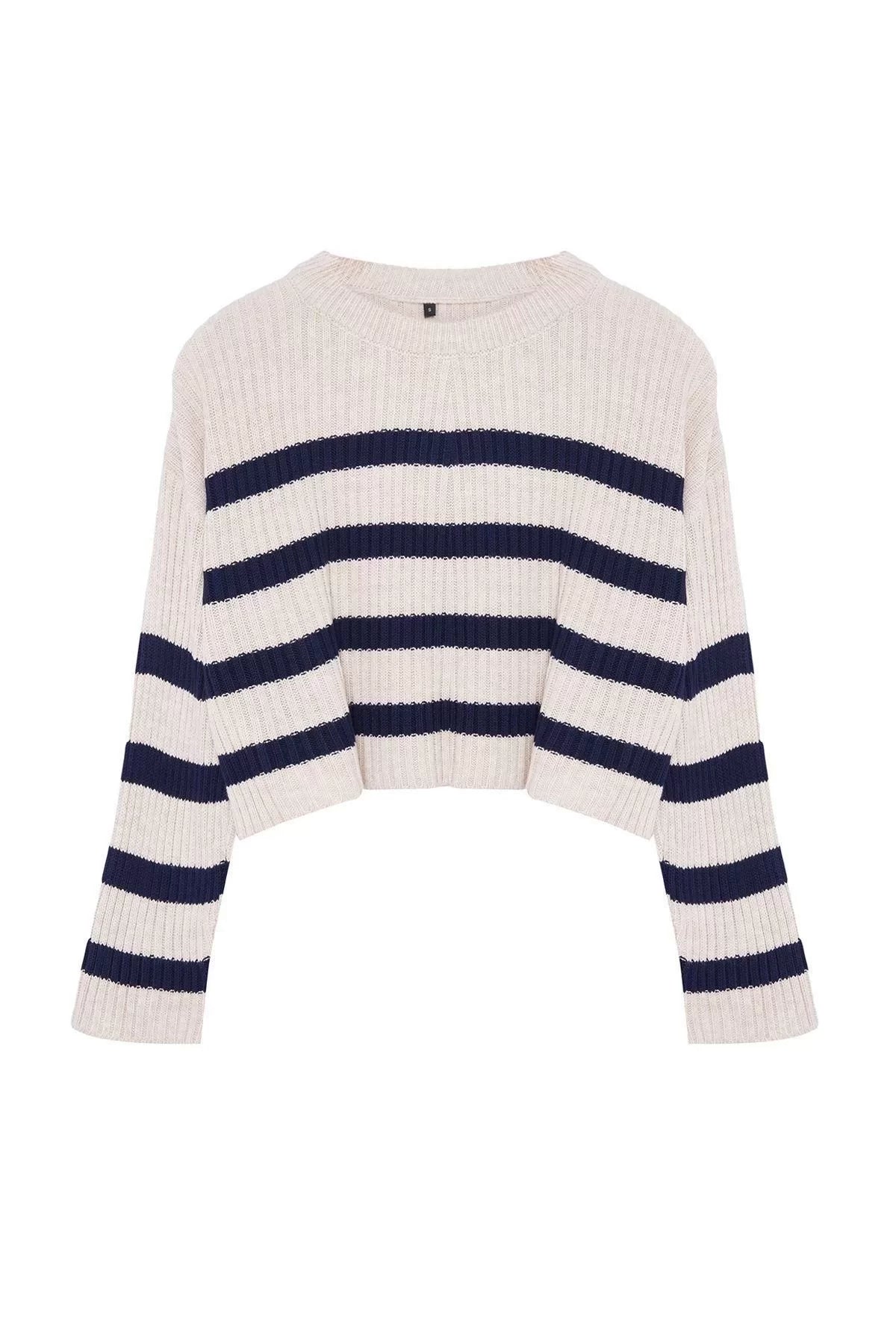 Women Fashion Stylish Crew Neck Regular Sleeve Crop Striped Knitwear Sweater