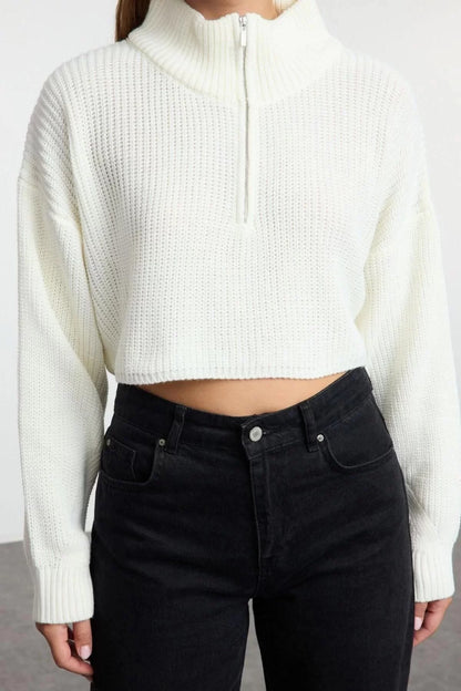 Women Fashion Stylish Stand Collar Standard Sleeve Crop Super Zipper Knitwear Sweater