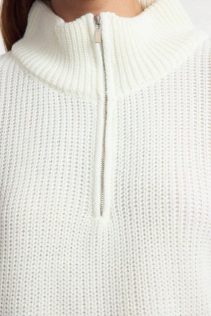 Women Fashion Stylish Stand Collar Standard Sleeve Crop Super Zipper Knitwear Sweater