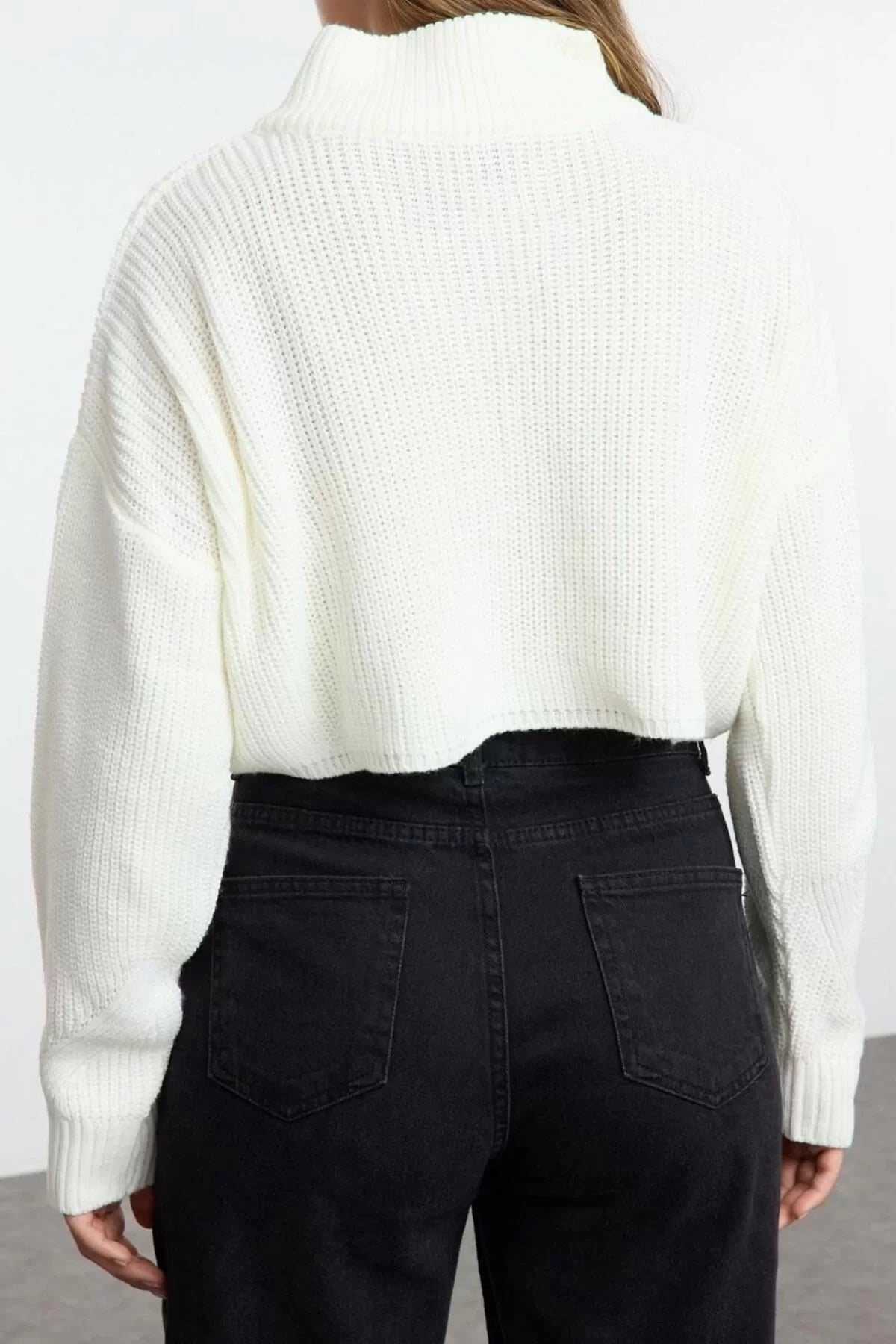 Women Fashion Stylish Stand Collar Standard Sleeve Crop Super Zipper Knitwear Sweater