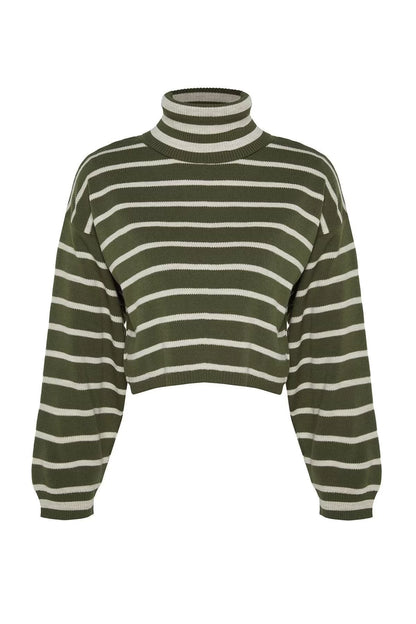 Women Fashion Stylish Turtleneck Low Sleeve Crop Striped Knitwear Sweater