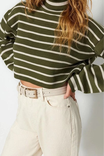 Women Fashion Stylish Turtleneck Low Sleeve Crop Striped Knitwear Sweater