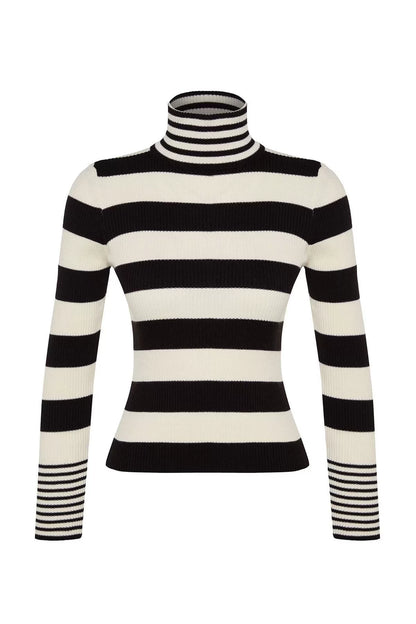 Women Fashion Stylish Turtleneck Regular Sleeve Regular Striped Knitwear Sweater