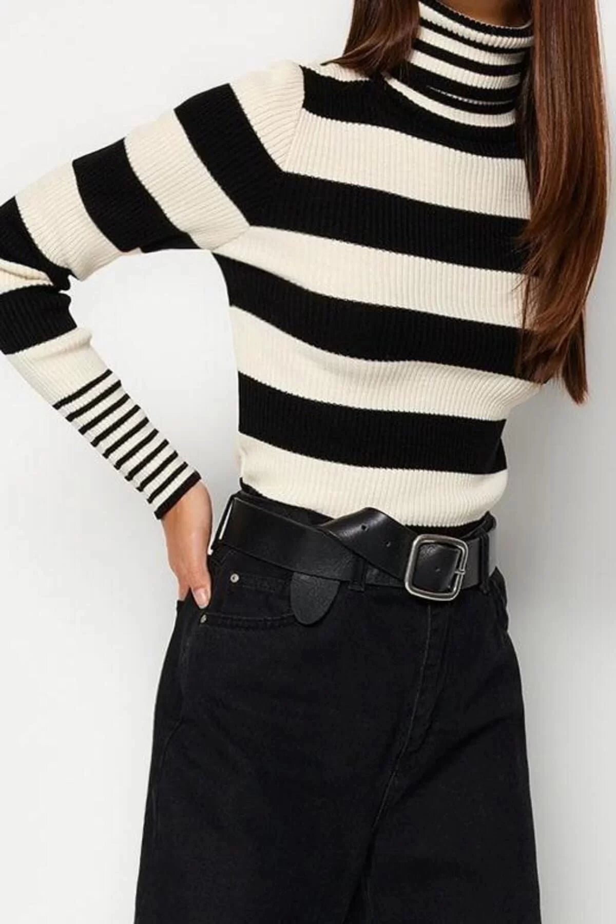 Women Fashion Stylish Turtleneck Regular Sleeve Regular Striped Knitwear Sweater