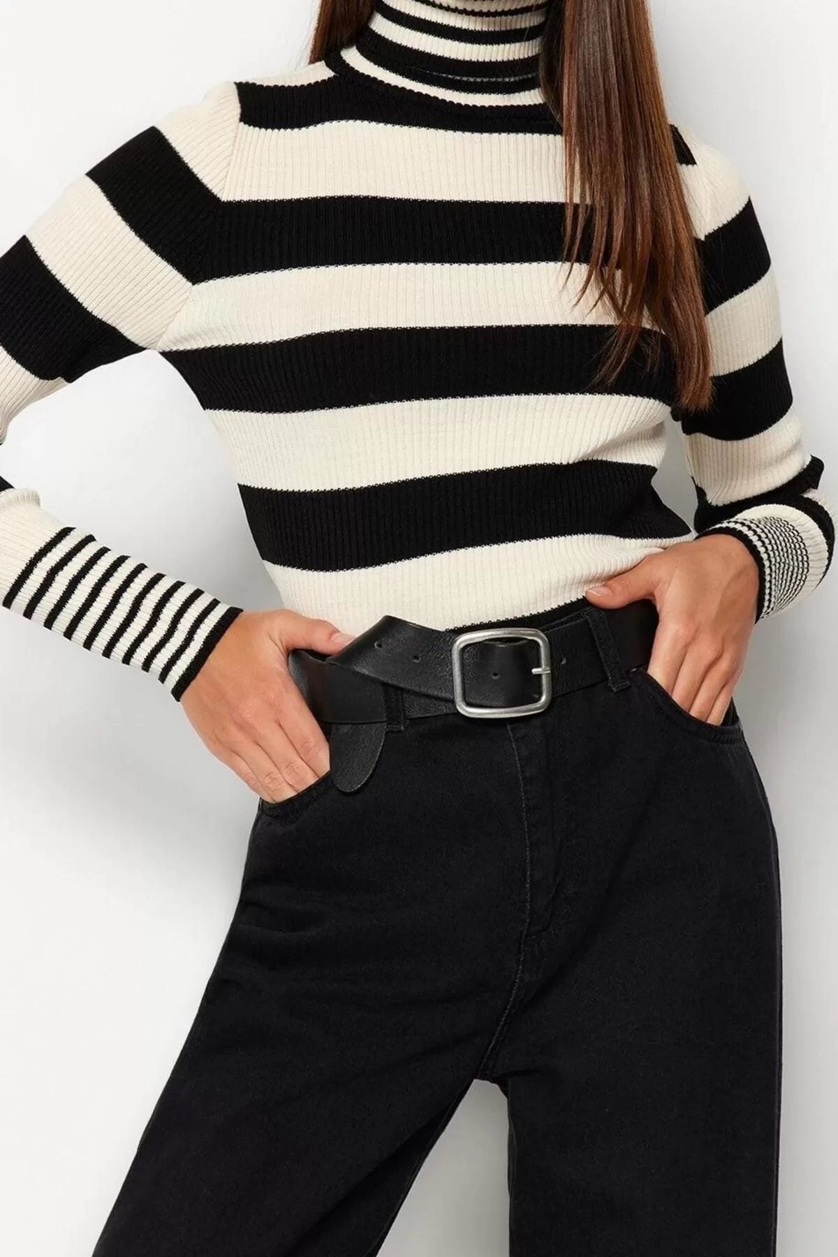 Women Fashion Stylish Turtleneck Regular Sleeve Regular Striped Knitwear Sweater