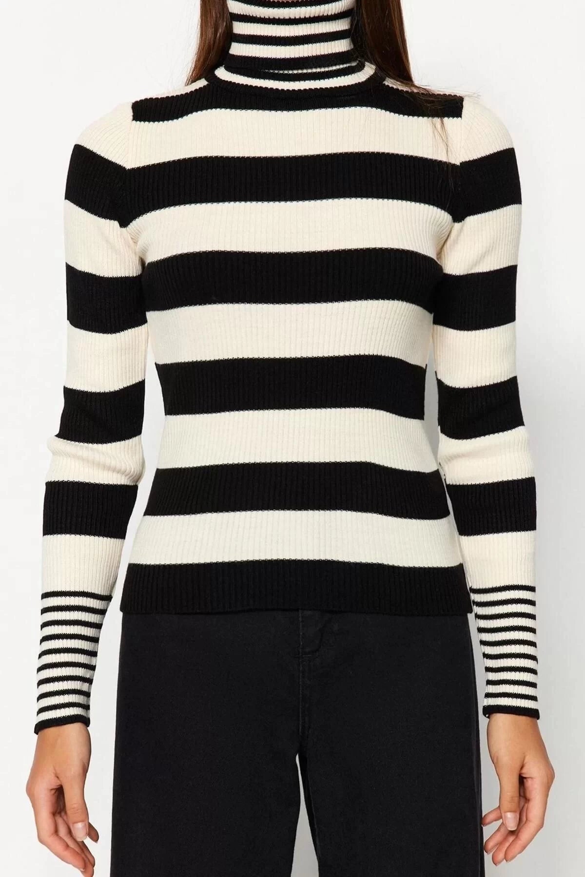 Women Fashion Stylish Turtleneck Regular Sleeve Regular Striped Knitwear Sweater