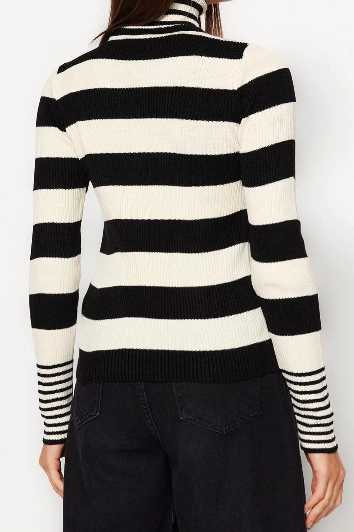 Women Fashion Stylish Turtleneck Regular Sleeve Regular Striped Knitwear Sweater