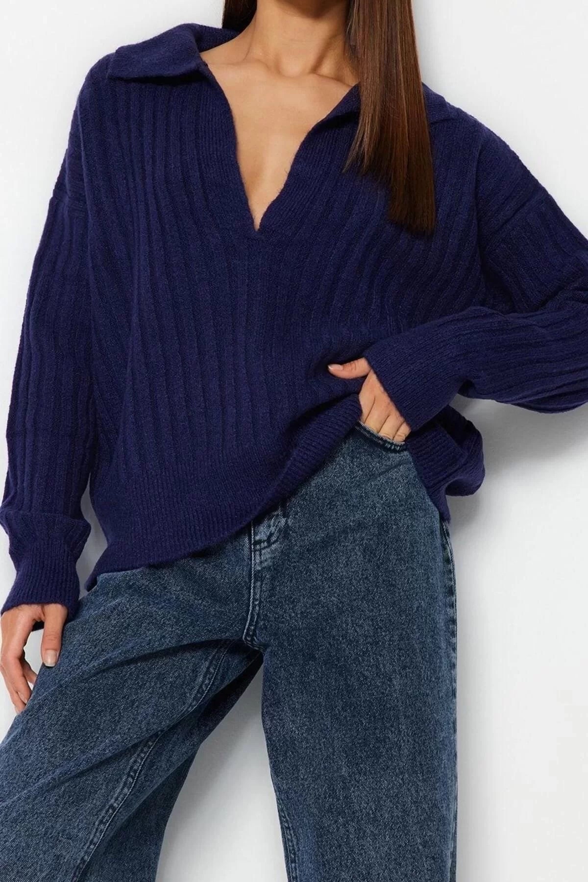 Women Fashion Stylish Polo Neck Standard Sleeve Regular Soft Texture Knitwear Sweater