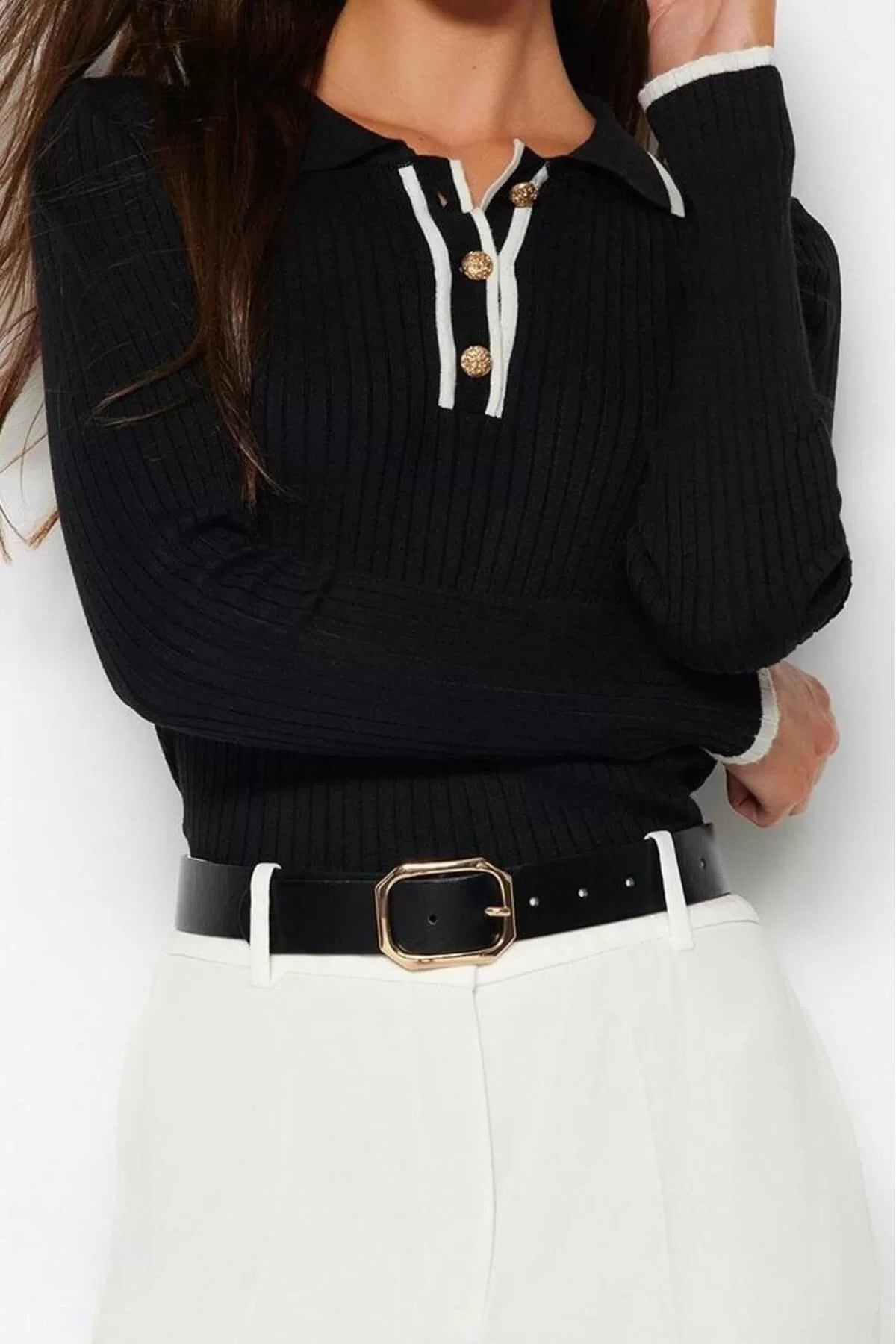 Women Fashion Stylish Polo Collar Standard Sleeve Regular Premium Special Yarn Knitwear Sweater