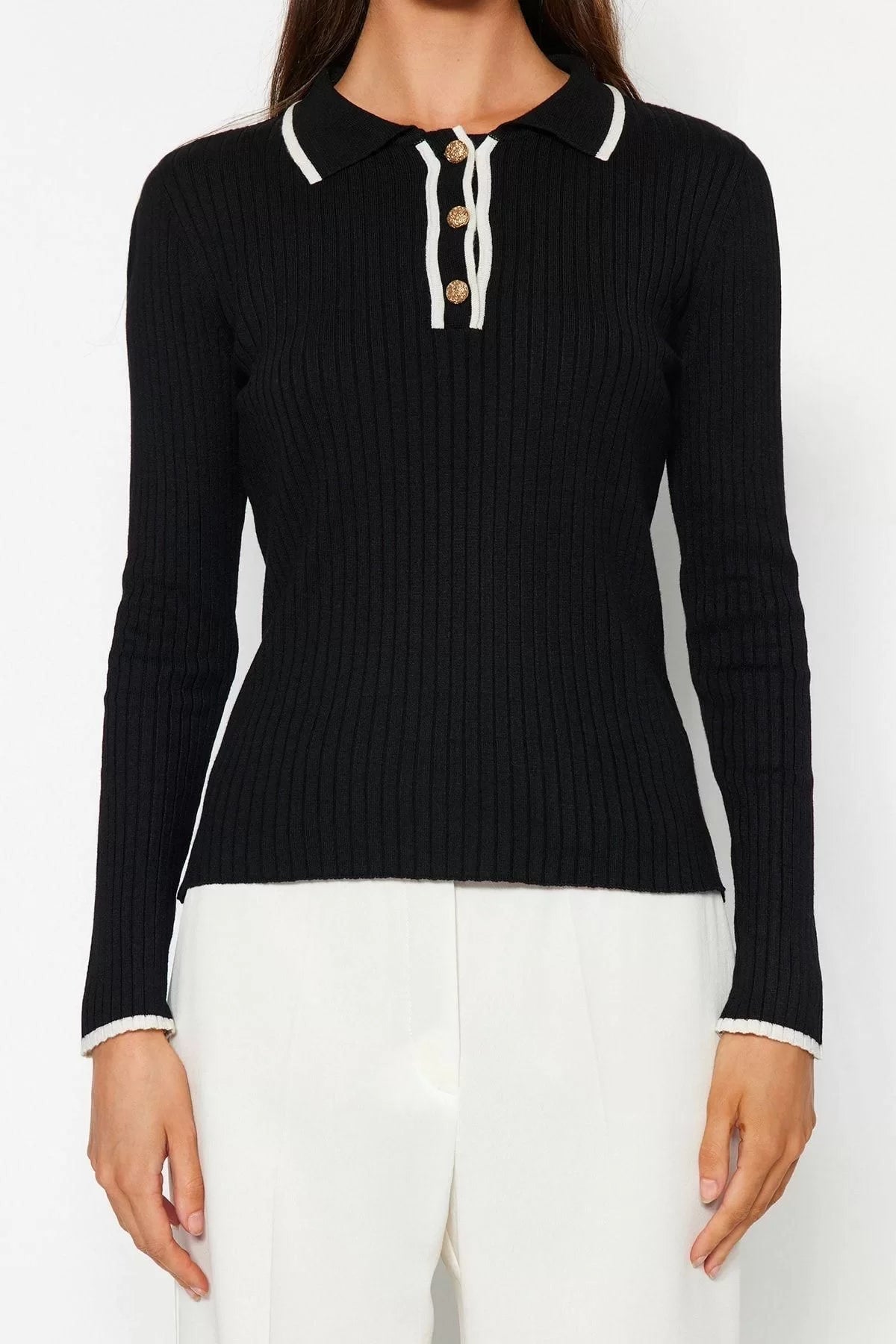 Women Fashion Stylish Polo Collar Standard Sleeve Regular Premium Special Yarn Knitwear Sweater