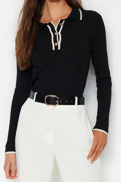 Women Fashion Stylish Polo Collar Standard Sleeve Regular Premium Special Yarn Knitwear Sweater