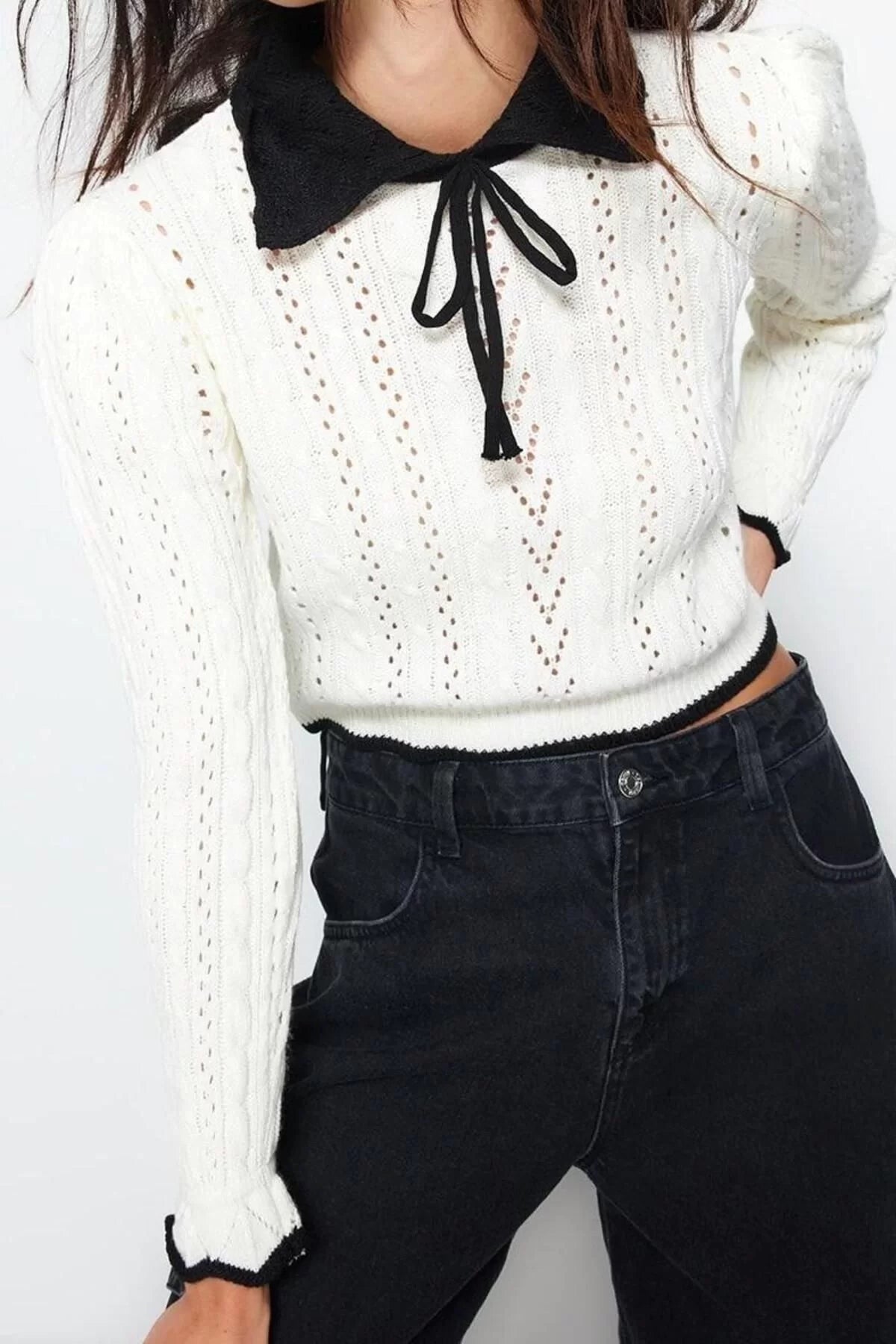 Women's Fashion Stylish Polo Neck Standard Sleeve Crop Openwork Hole Ribbon Detailed Knitwear Sweater