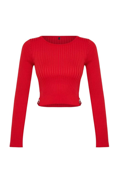 Women Fashion Stylish Crew Neck Standard Sleeve Crop Heart Accessory Knitwear Sweater