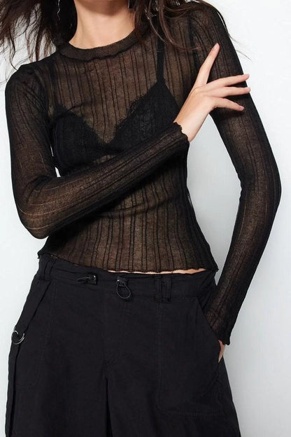 Women Fashion Stylish Crew Neck Standard Sleeve Regular Transparent Look Knitwear Sweater