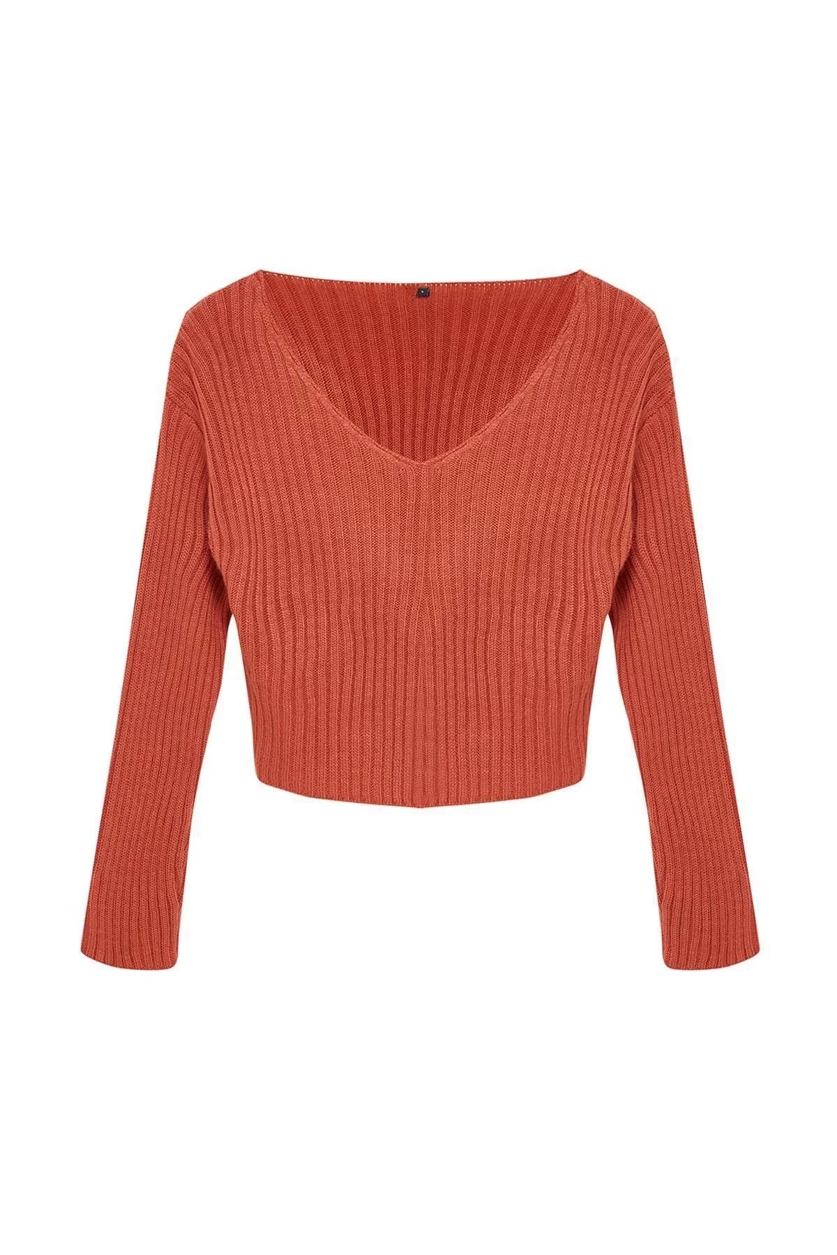 Women Fashion Stylish V Neck Standard Sleeve Crop Basic Knitwear Sweater