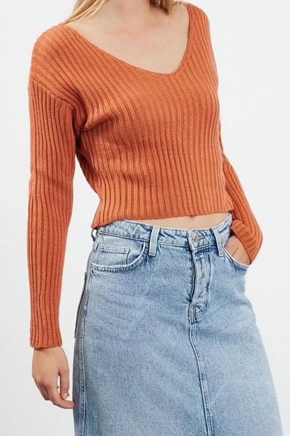 Women Fashion Stylish V Neck Standard Sleeve Crop Basic Knitwear Sweater