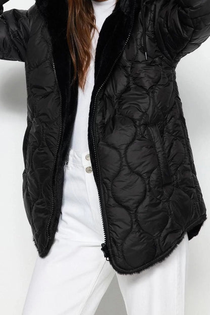 Women Fashion Stylish Regular Hooded Collar Midi Plain Double-Sided Hooded Plush Quilted Puffer Coat