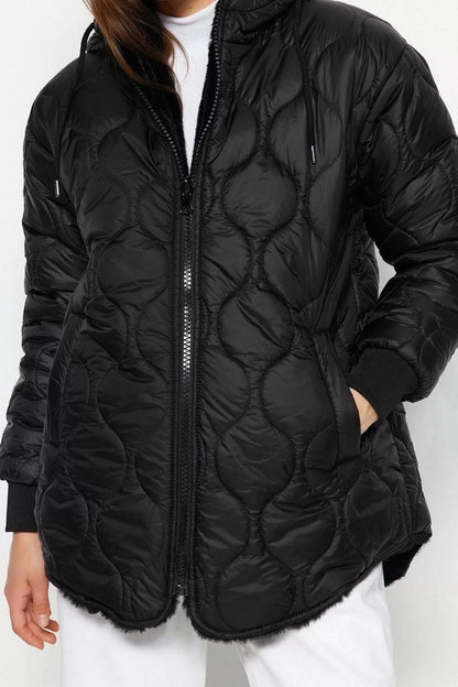 Women Fashion Stylish Regular Hooded Collar Midi Plain Double-Sided Hooded Plush Quilted Puffer Coat