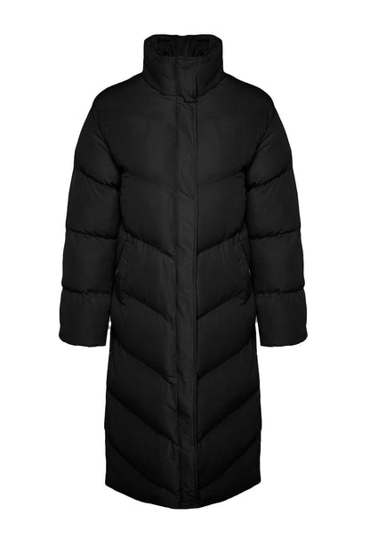 Women Fashion Stylish Regular Stand Collar Long Plain Lined Side Zipper Detail Water Repellent Long Puffer Coat